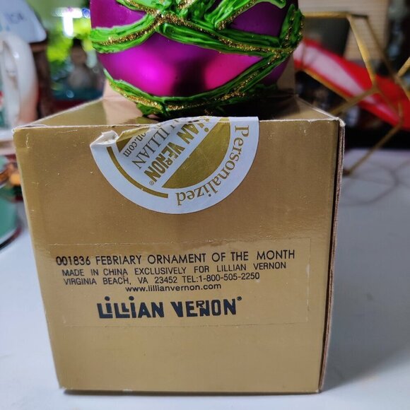 Lilian Vernon February Ornament in Lavender Lustre Paint, hand decorated floral - Picture 3 of 6